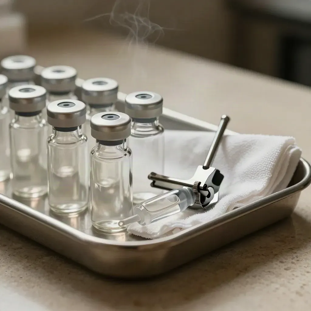 Top-down macro of a stainless tray with vials, ampoule, gauze and clamps on stone.