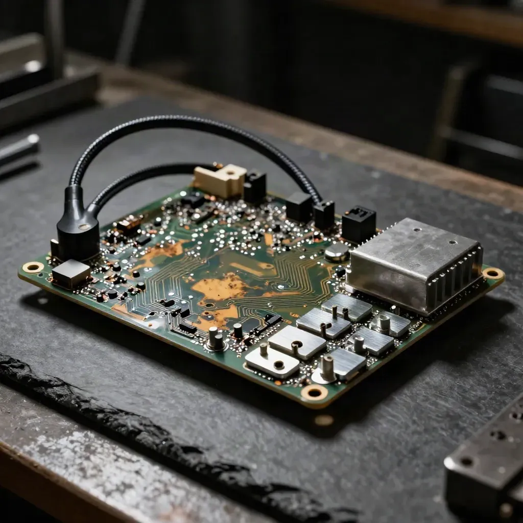 Close-up still life of a worn circuit board, standoffs, cable harness and heatsink on a dim workbench.