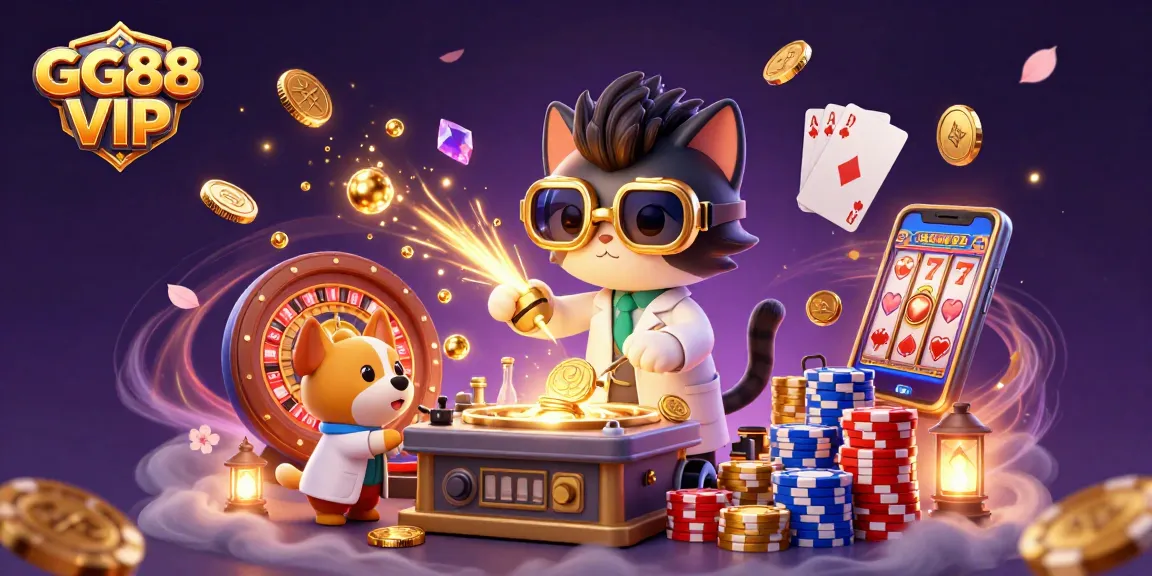 Engage with GG88 VIP's exciting features as the mad scientist cat and assistant unveil golden gaming treasures.