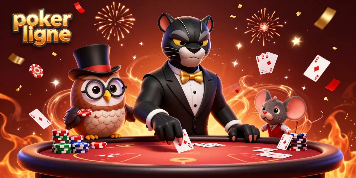Participez à des parties de poker en ligne captivantes avec une illustration animée de personnages élégants jouant autour d'une table.