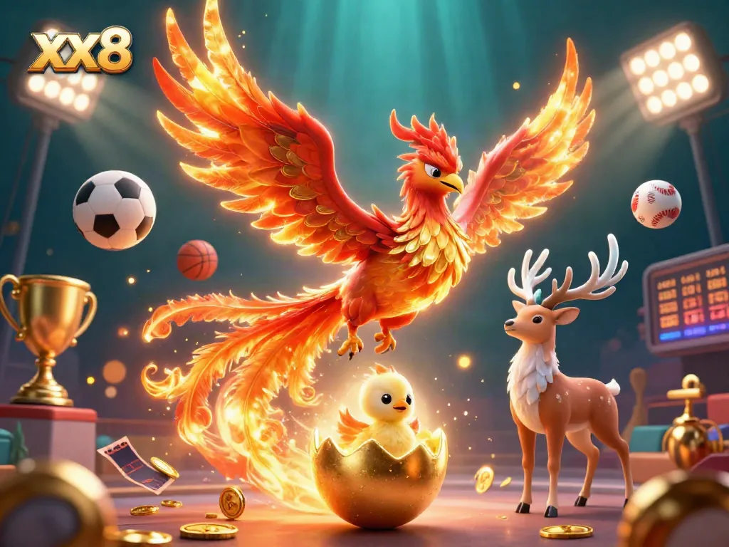 Experience thrilling wins at xx8 with a vibrant illustration of a phoenix amidst casino elements and sports.