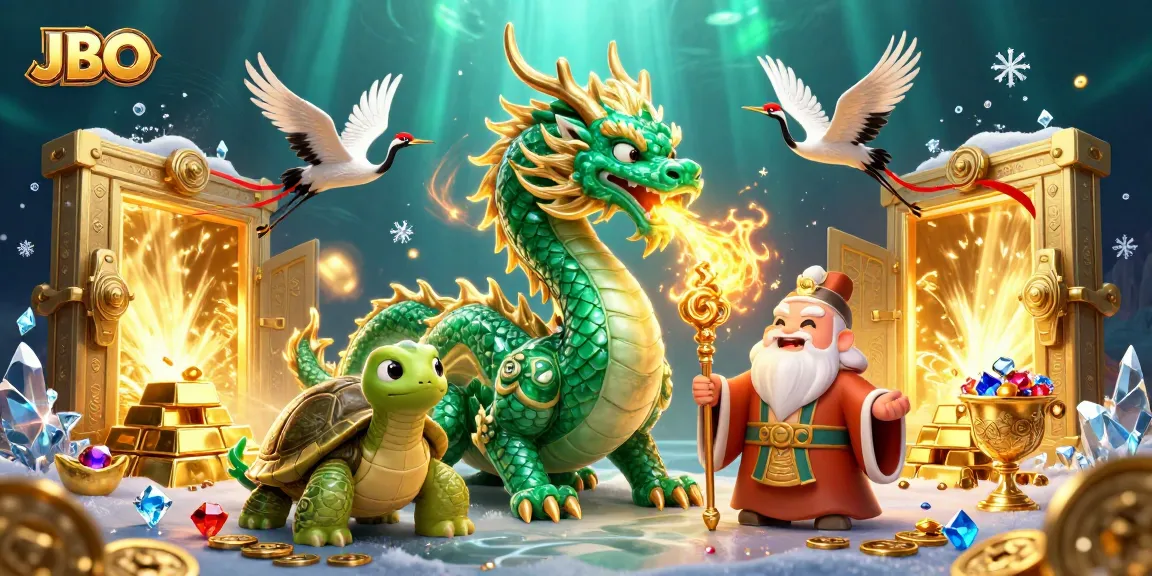 Experience thrilling wins at JBO with a majestic jade dragon and lucky symbols in a vibrant casino scene.