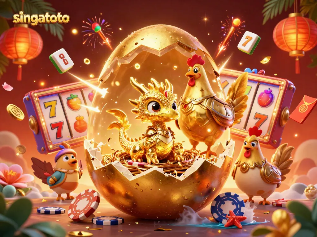 Experience the thrill of singatoto with a golden dragon, poker chips, and vibrant casino elements.