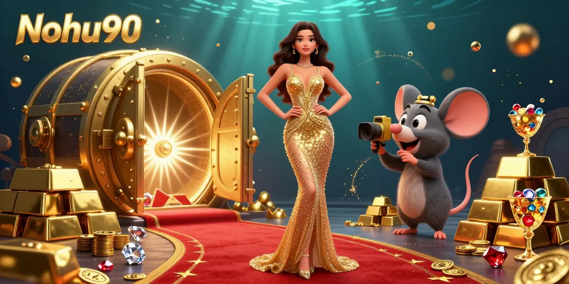 Nohu90 jackpot scene with gold bars, jewels, and a glamorous woman surrounded by treasure.
