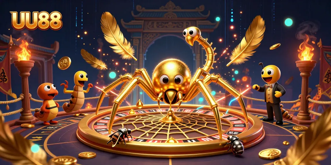 UU88's dynamic golden spider spins a roulette web as players place bets at the vibrant casino.
