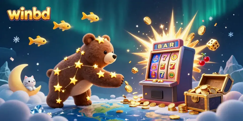 Engage with winbd's exciting gaming experience depicted through lively casino elements and a cosmic bear.