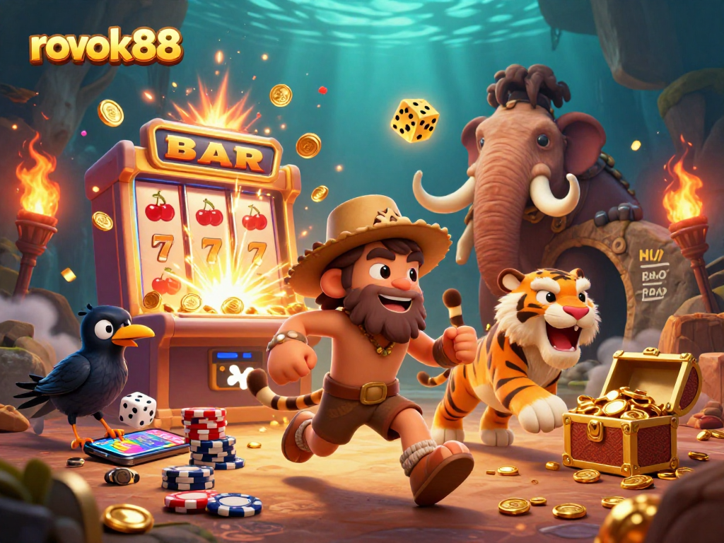 Spin the reels at rokok88 with dynamic casino elements in a vibrant prehistoric setting.