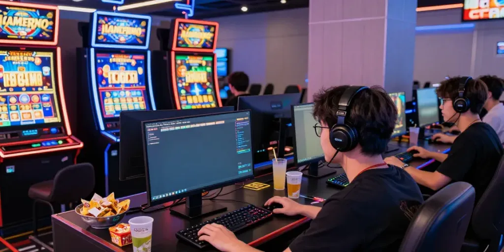 Engaging scene of gamers playing slot online in a colorful virtual casino setting.