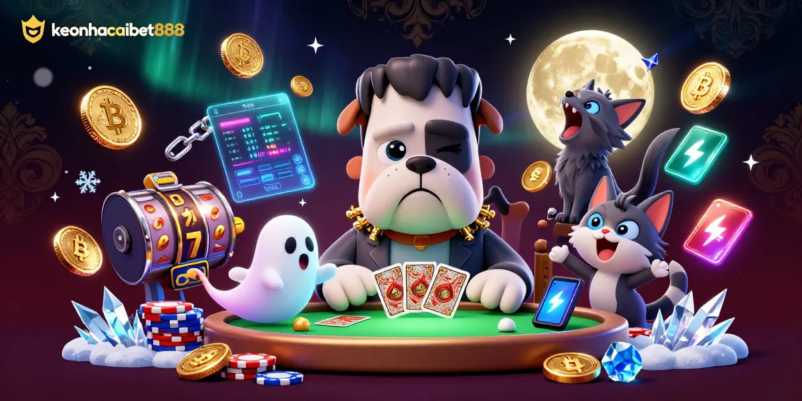 Engage with keonhacaibet888 as a Frankenstein bulldog monster deals cards, surrounded by lively casino elements.