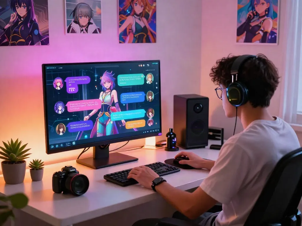 Engaging user interacting with anime characters in a vibrant hentai AI chat setting, showcasing technology and creativity.