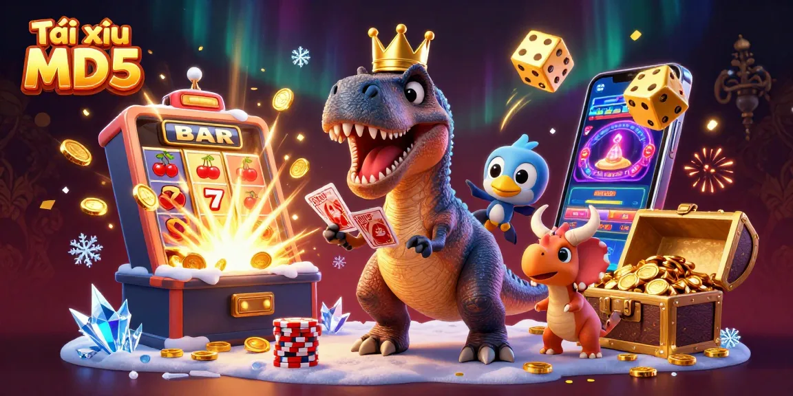 Engage in Tài xỉu MD5 gaming with an exciting scene of cartoon dinosaurs and dynamic casino elements.
