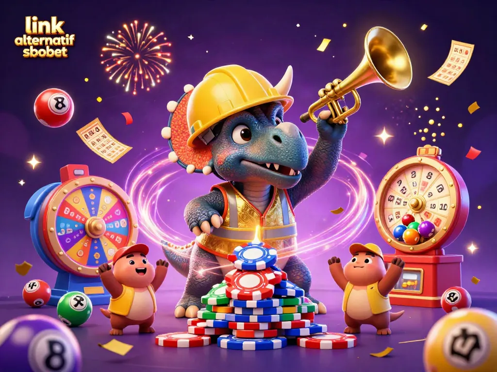 Experience the thrill with link alternatif sbobet as a triceratops builds poker chip pyramids amidst vibrant celebratory elements.