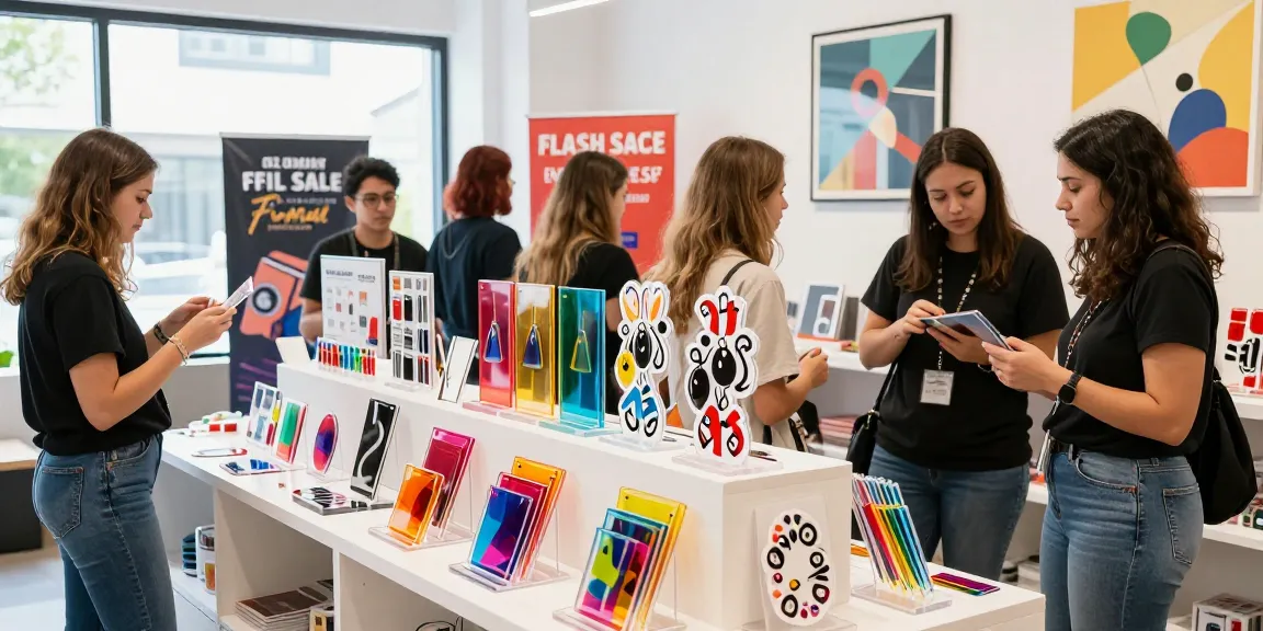 Engaging retail scene featuring diverse customers exploring vibrant acrylic stand displays, focusing on custom acrylic standees and keychains.
