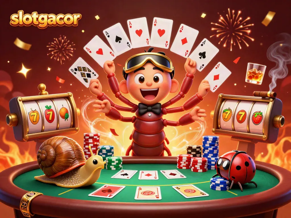 Experience thrilling slotgacor gameplay with a colorful dealer and high-roller at a packed casino.