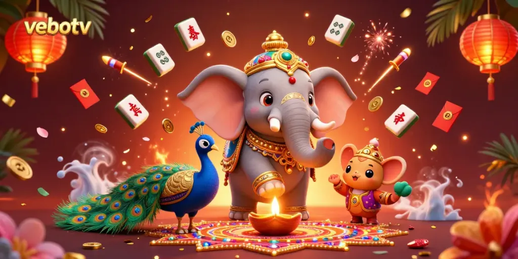 Experience the excitement of vebotv with a colorful 3D carnival scene featuring lively characters and gaming elements.