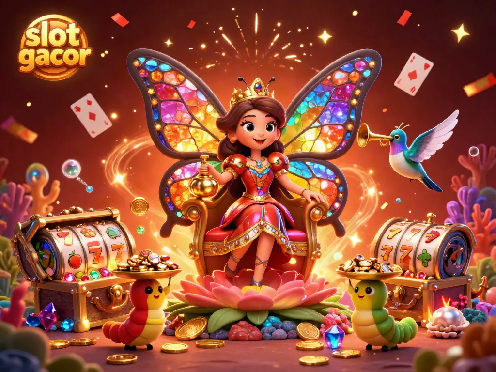 Engage in exciting slot gacor gameplay with a vibrant, magical scene featuring a butterfly queen and treasures.