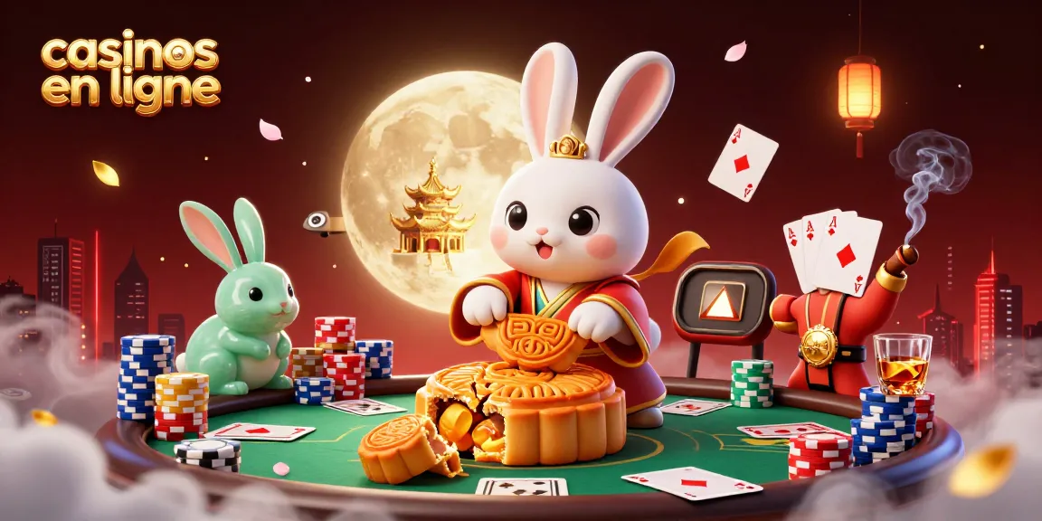 Visualisez des casinos en ligne animés où un lapin de lune crée des jetons de poker à l'intérieur de gâteaux de lune.