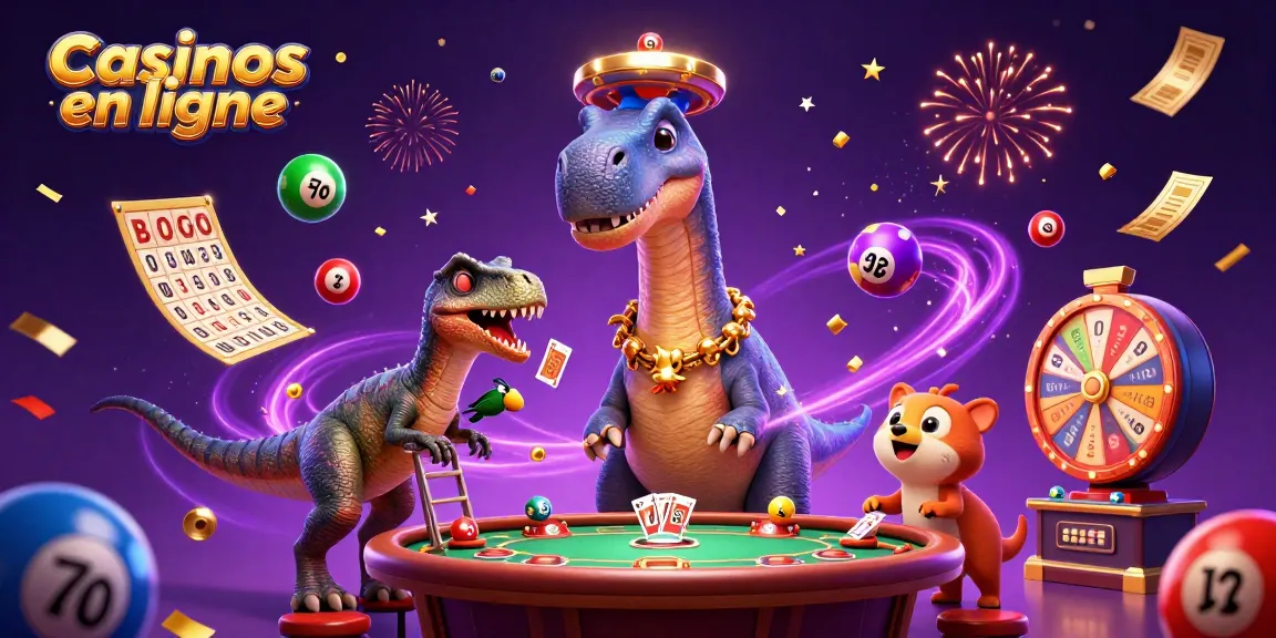 Jouez dans des casinos en ligne avec un brontosaurus 3D et des éléments de loterie colorés qui créent une ambiance festive.