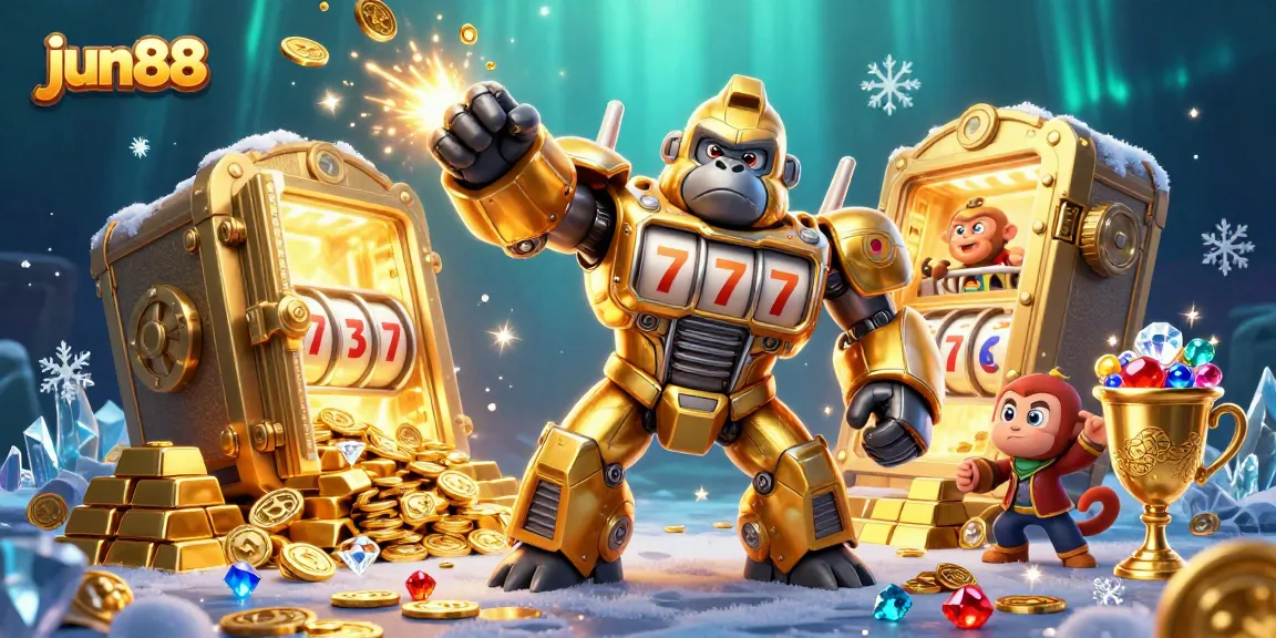 Experience the thrilling jun88 casino adventure with a golden gorilla mech and treasures!