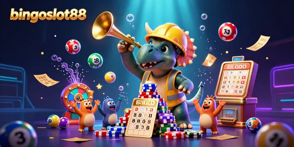 Permainan bingoslot88 yang seru dengan karakter kartun dinosaur dan elemen kasino menarik.