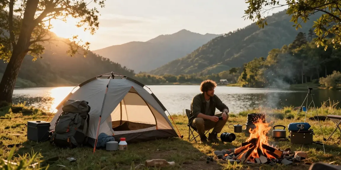 Explore rokok88's adventure gear at a scenic campsite with campers setting up tents.