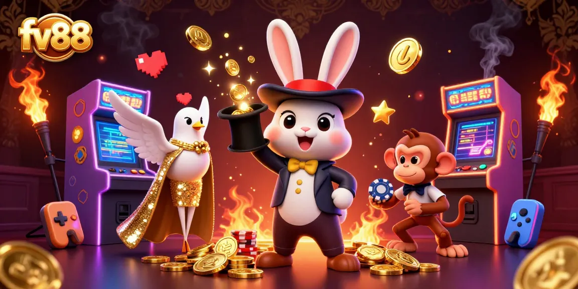 Experience thrilling gaming at fv88 with a cartoon magician and vibrant casino elements.