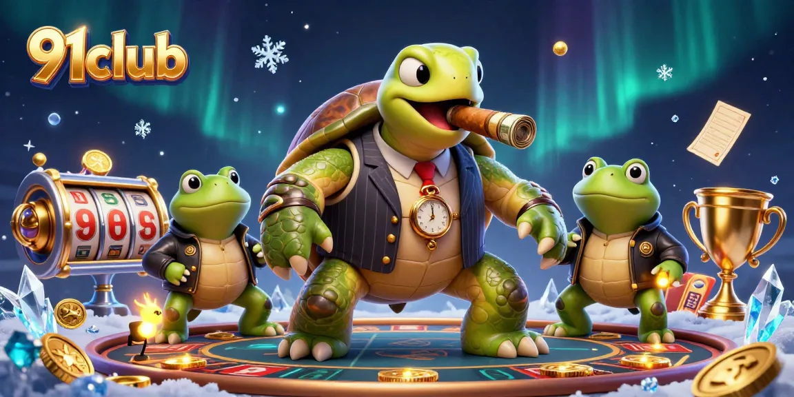 Experience the thrilling games of 91club with a vibrant, engaging illustration featuring a snapping turtle in a casino setting.