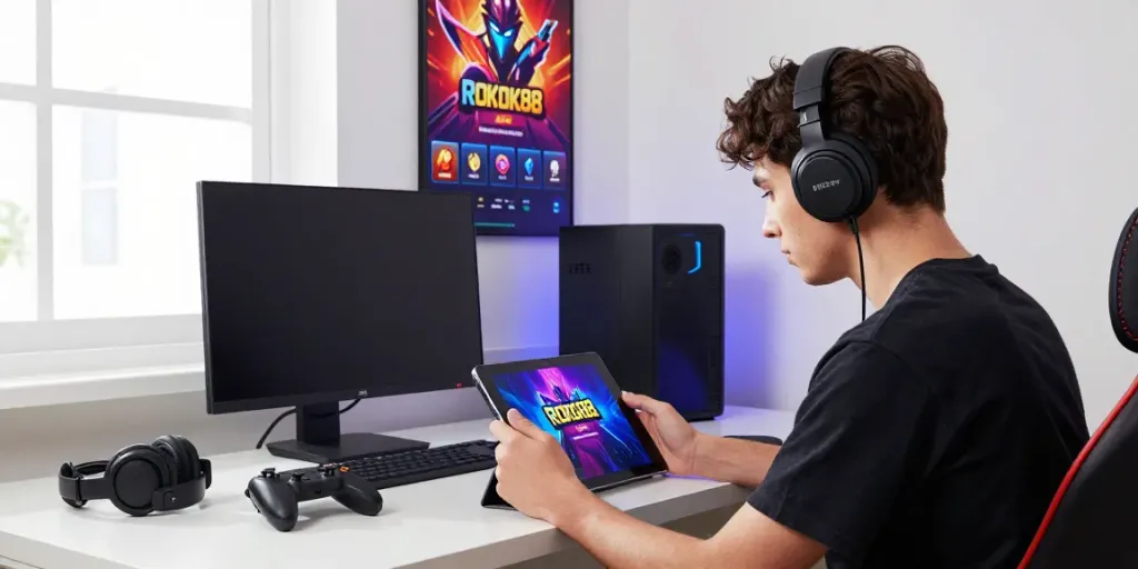 Engaged user exploring rokok88 link on a tablet in a vibrant gaming setup