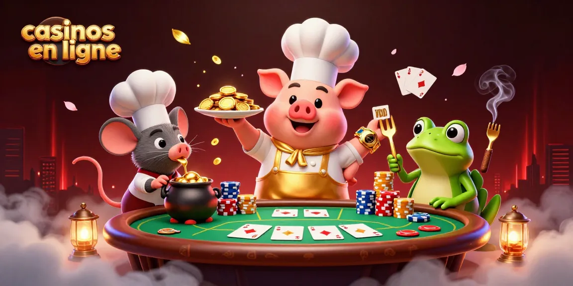 Jouer dans des casinos en ligne avec un chef, une souris et une grenouille servant des pièces en or.