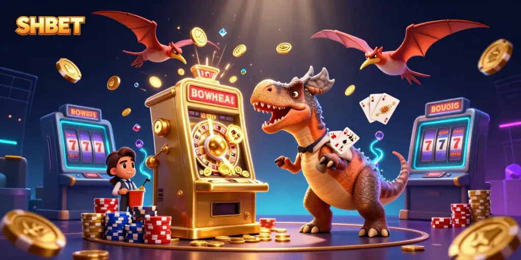 SHBET casino adventure with a dinosaur headbutting a slot machine, flying golden coins galore