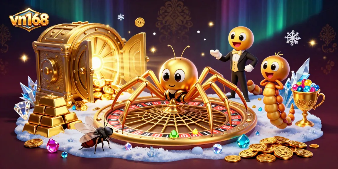 vn168 features a golden spider spinning a roulette wheel web as a fly nervously bets in an online casino.