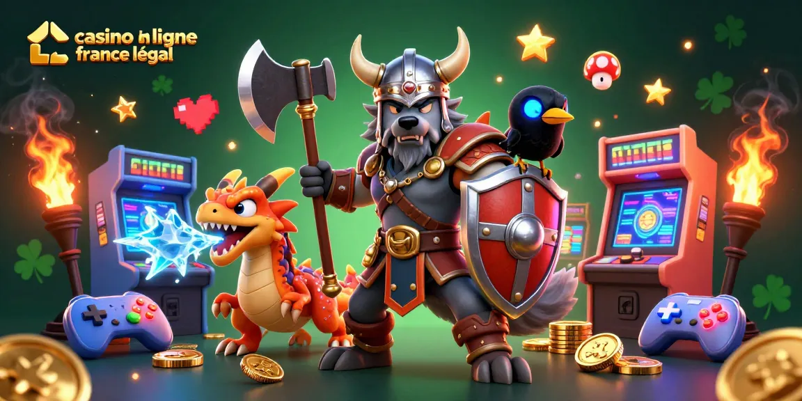 Illustration dynamique de casino en ligne France légal avec un loup viking, dragon et éléments de jeu.