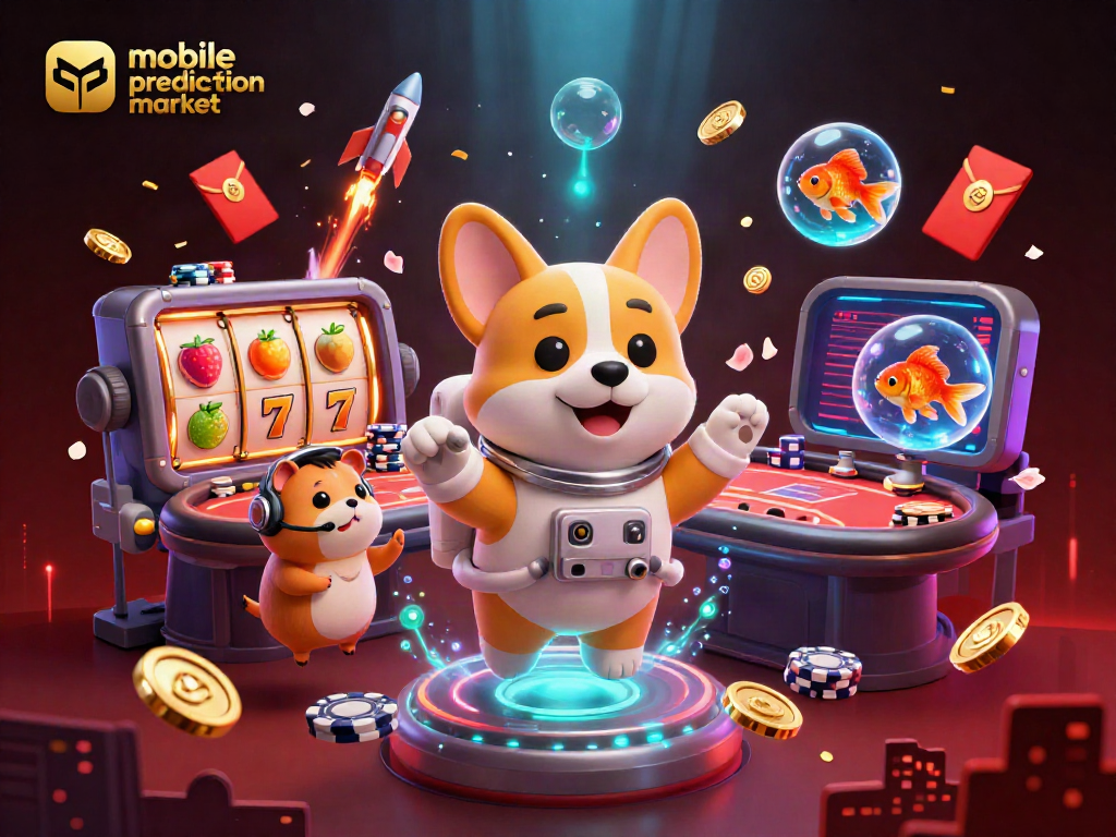 Engage with the mobile prediction market in this vibrant 3D casino illustration filled with excitement.