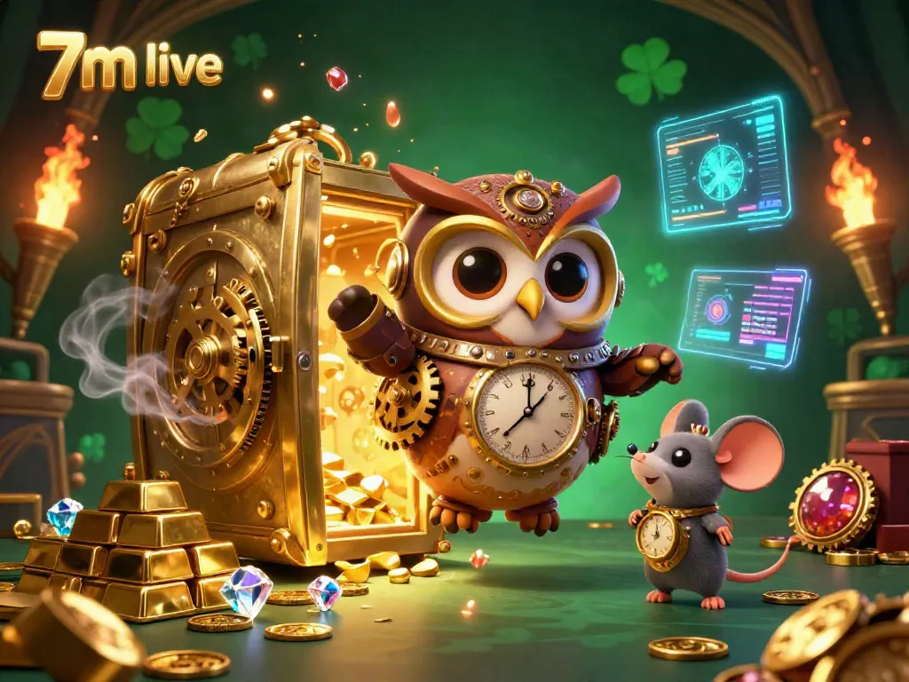 Experience the thrill of 7m live with a cartoon owl and mouse amidst a vibrant casino scene, full of treasures.
