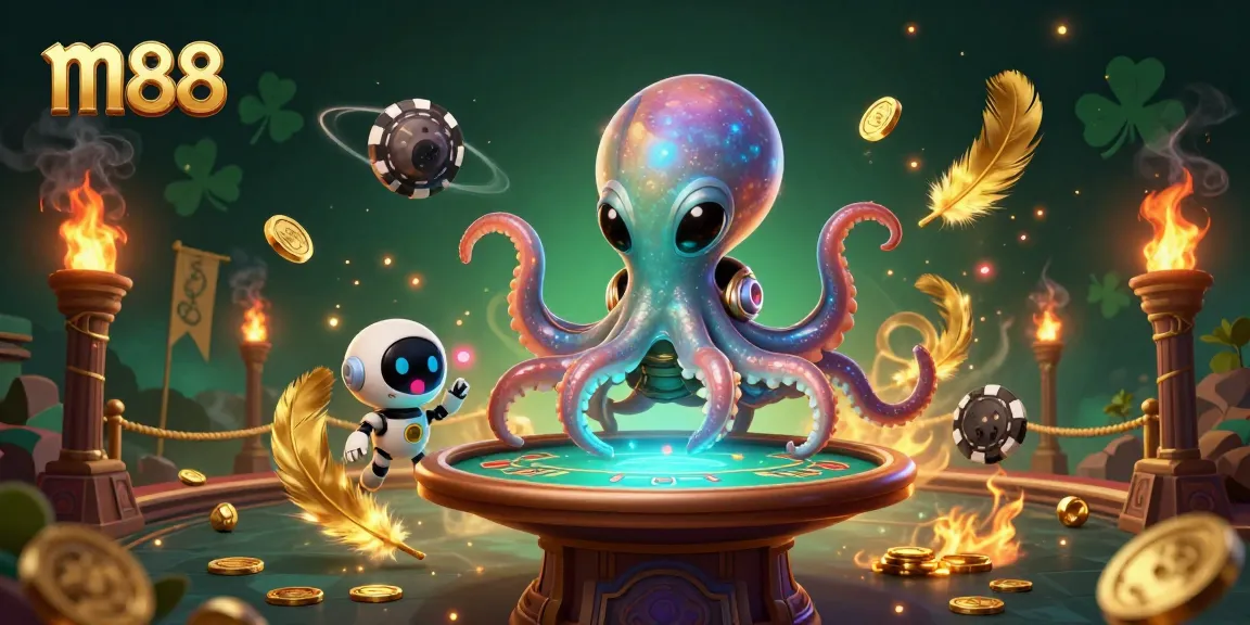 Experience thrilling poker adventure with m88 as a cartoon alien octopus spins holographic chips in an exciting scene.