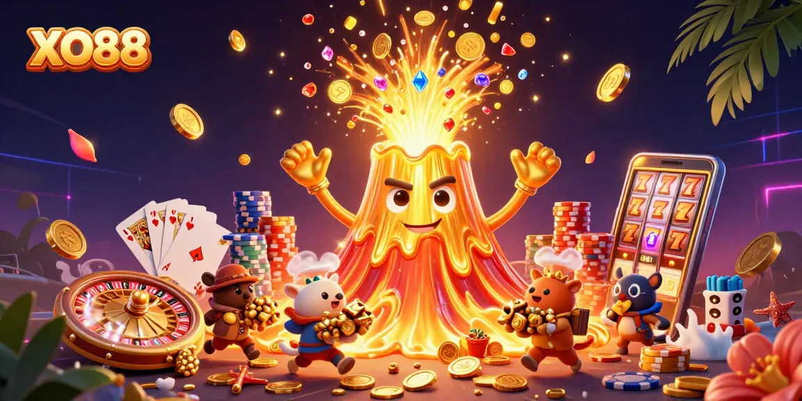 Experience the thrill of XO88 with a golden volcano, coins, and gaming elements.