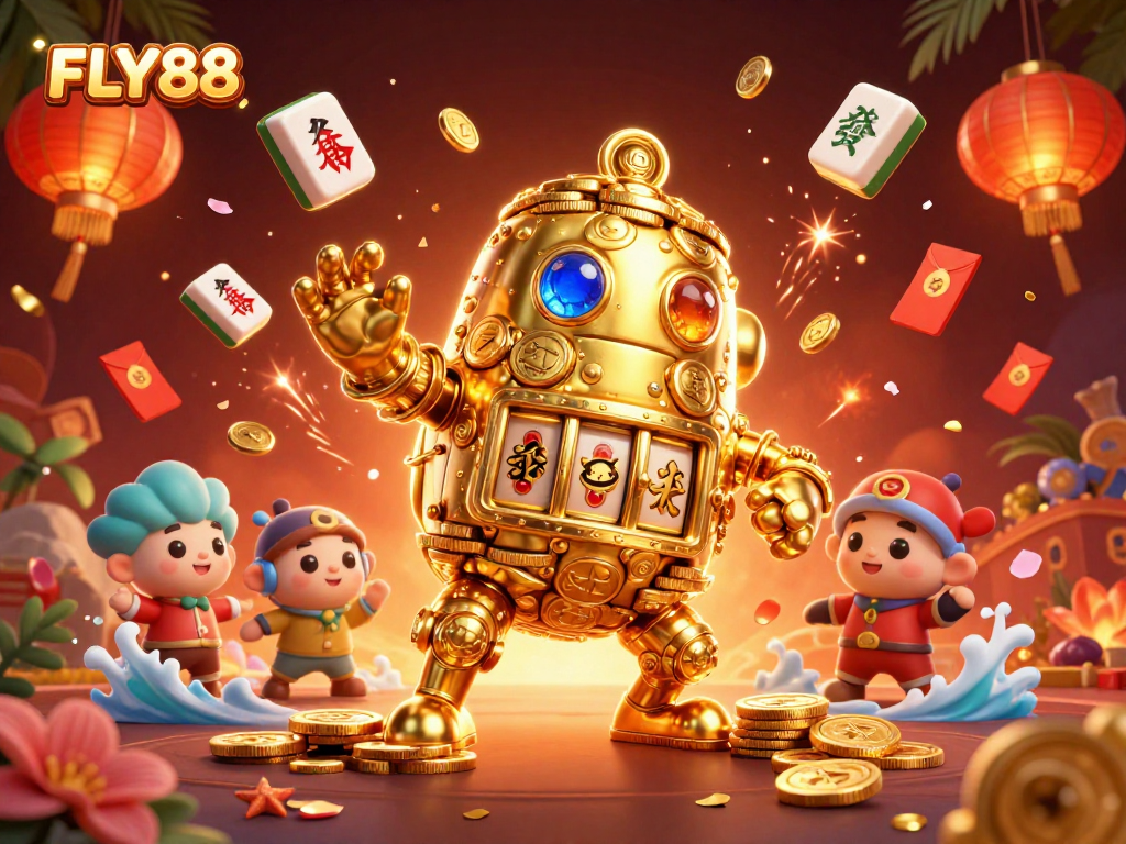 FLY88 players engage with golden golem and vibrant casino elements in this dynamic digital scene.