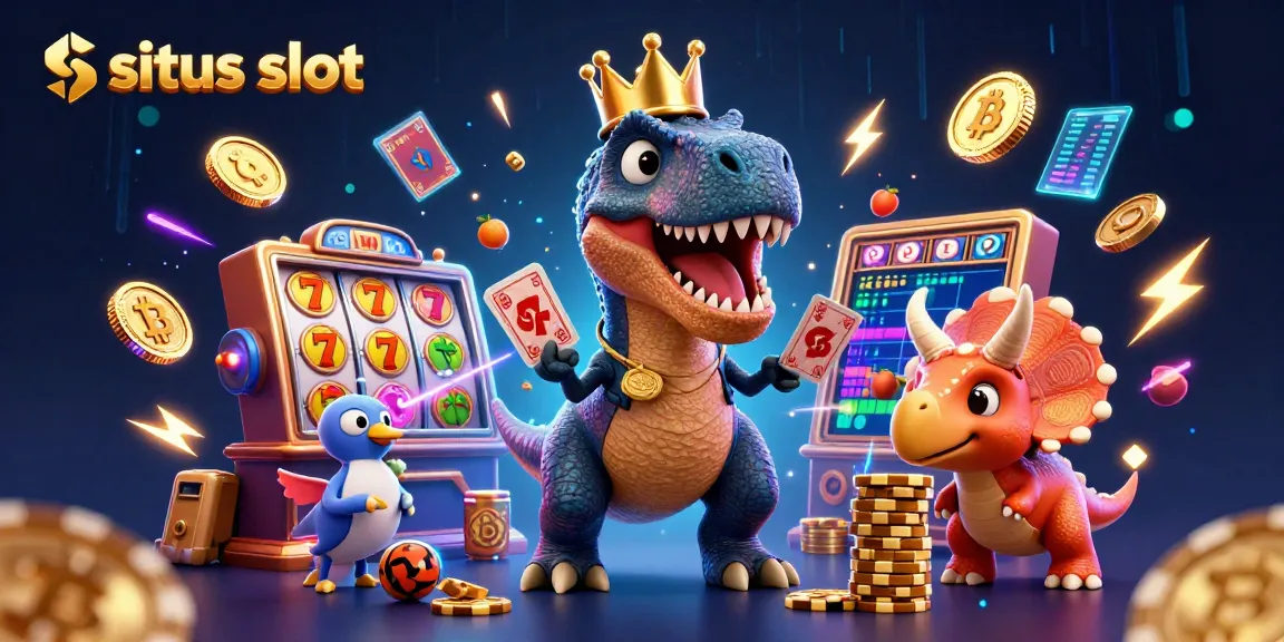 Experience exciting situs slot gameplay with vibrant characters, slot reels, and neon crypto coins.