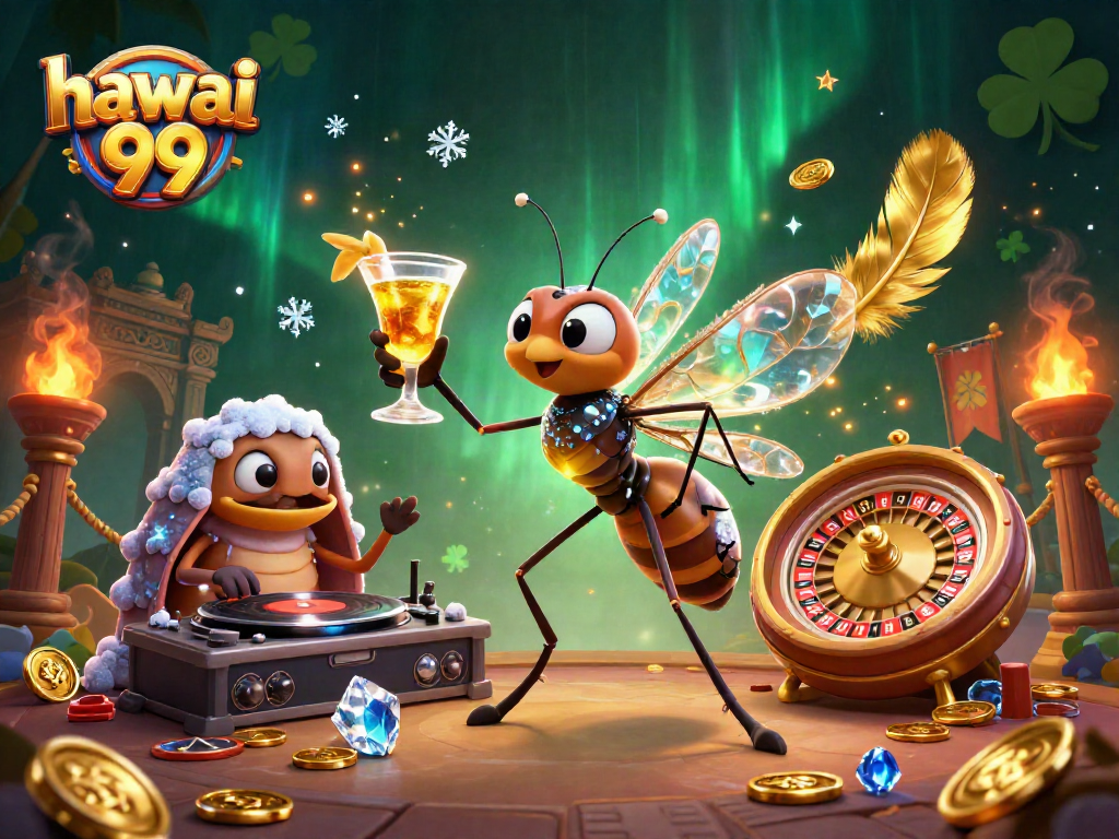 Experience hawai 99 action with an animated mosquito mascot and vivid casino elements.