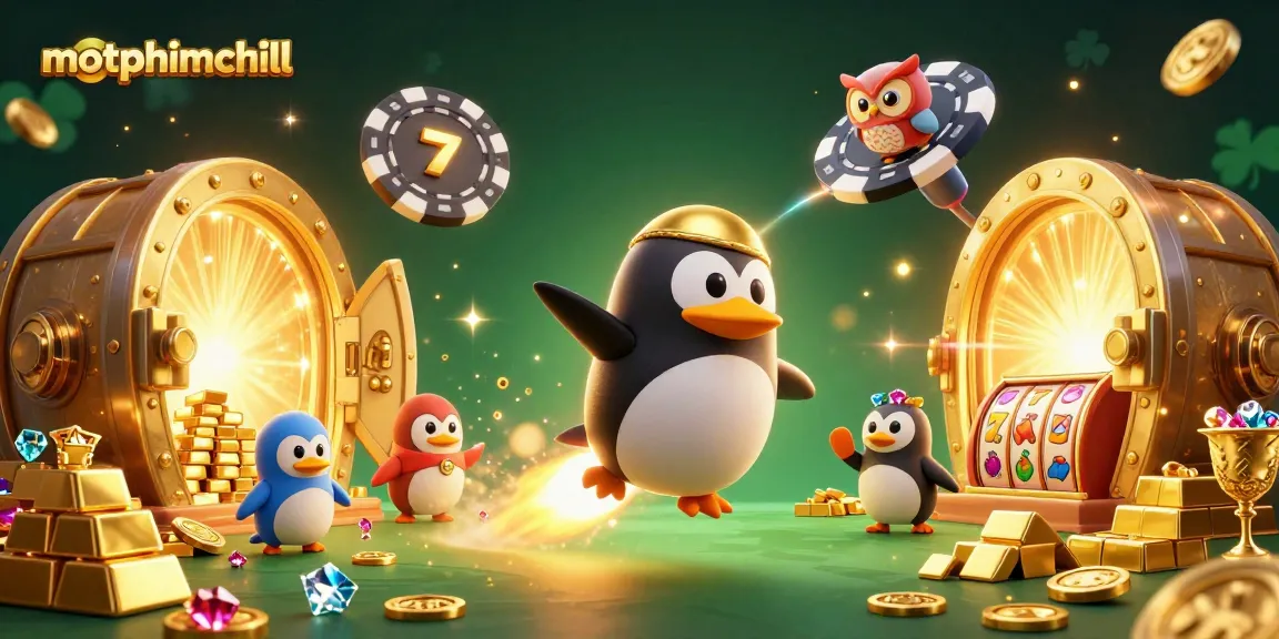 Engage with motphimchill's vibrant casino universe, featuring a golden penguin and treasure bursting with excitement.