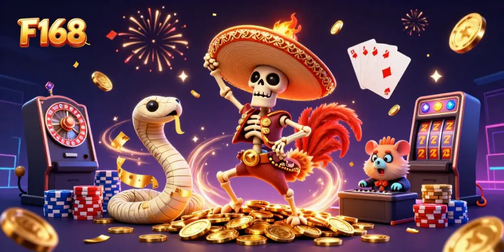 Join the fun at F168 with a vibrant celebration featuring a cartoon-skeleton mariachi rooster in a casino scene.