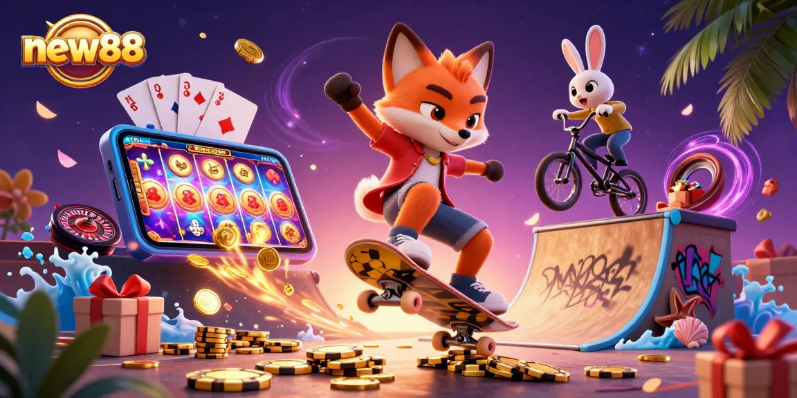 Experience the excitement of new88 with a dynamic animated scene featuring a skateboarder fox and BMX rabbit in an ultra-detailed casino-themed illustration.