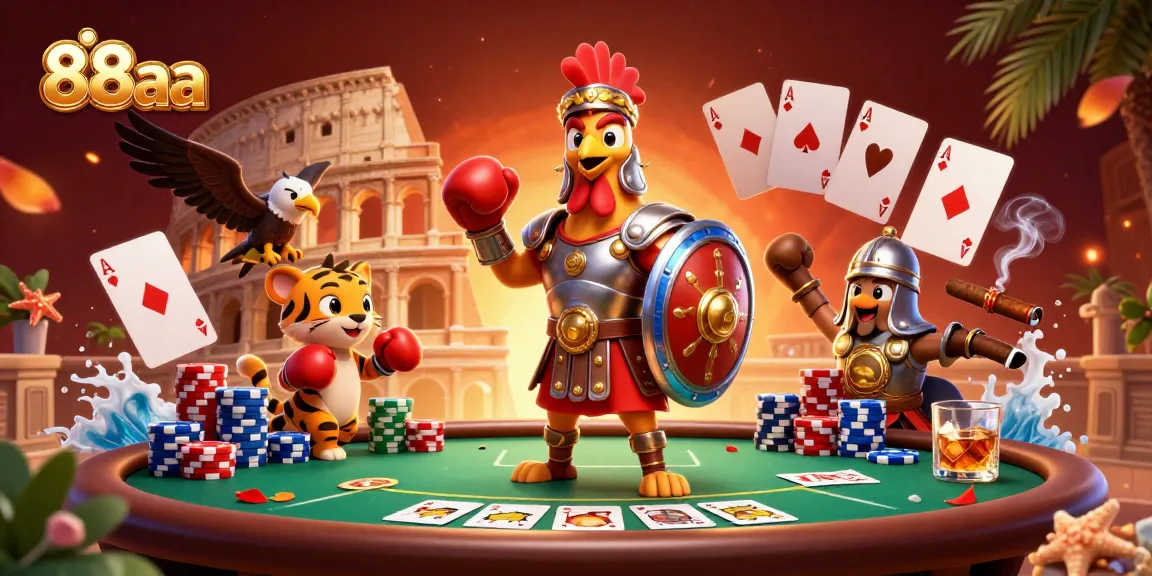Engage with 88aa’s vibrant gambling scene featuring animated characters and poker elements.