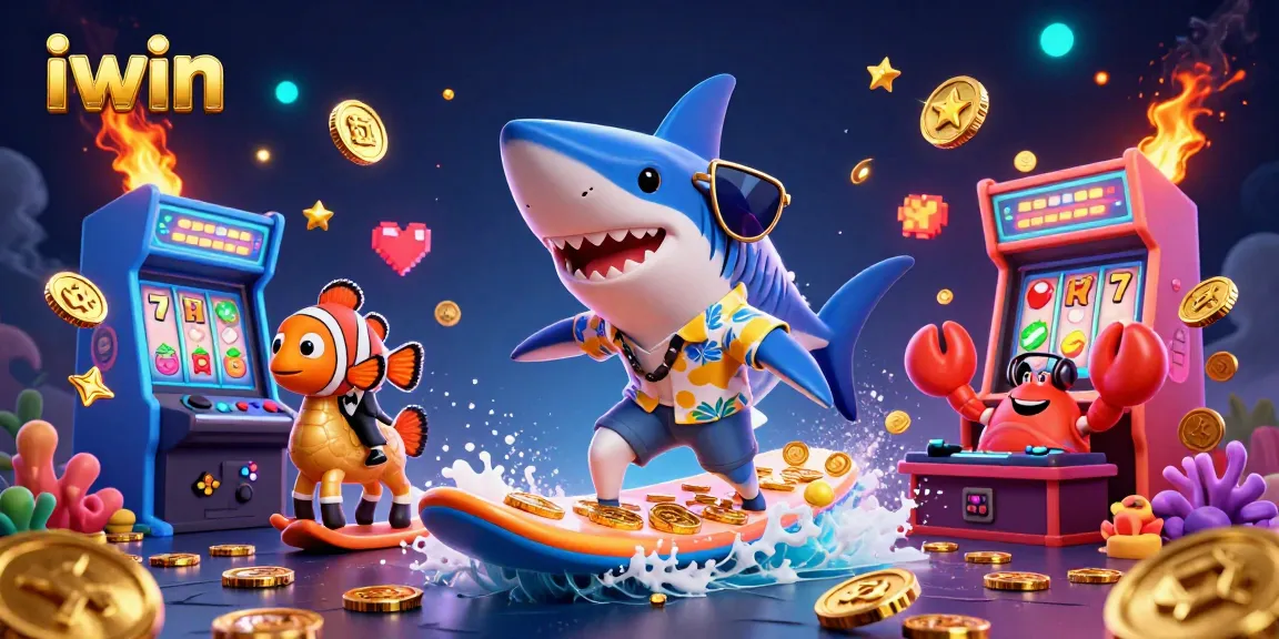 iwin encourages players to win with a vibrant 3D casino gaming scene featuring colorful characters and gaming elements.