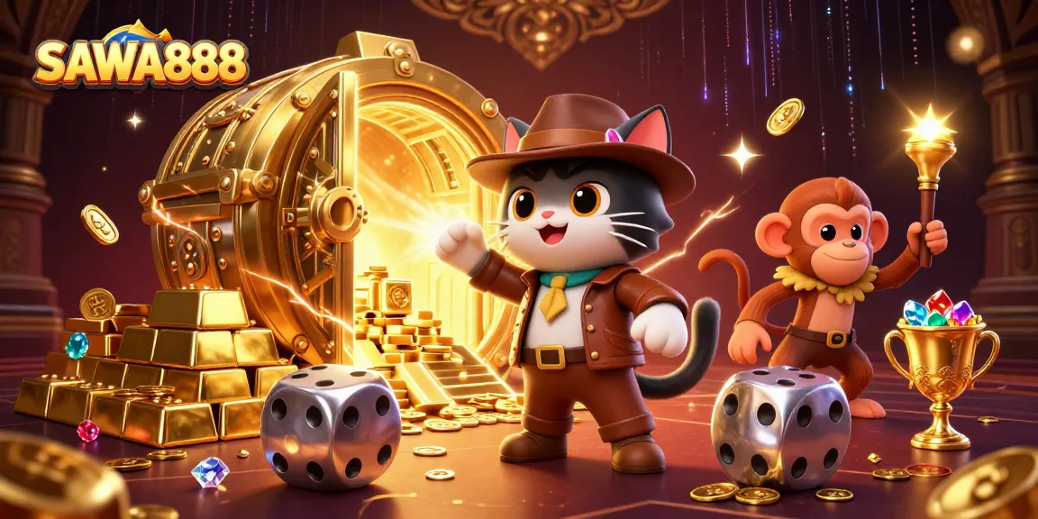 SAWA888 features a dynamic illustration of a cat archaeologist discovering treasures in a casino temple.