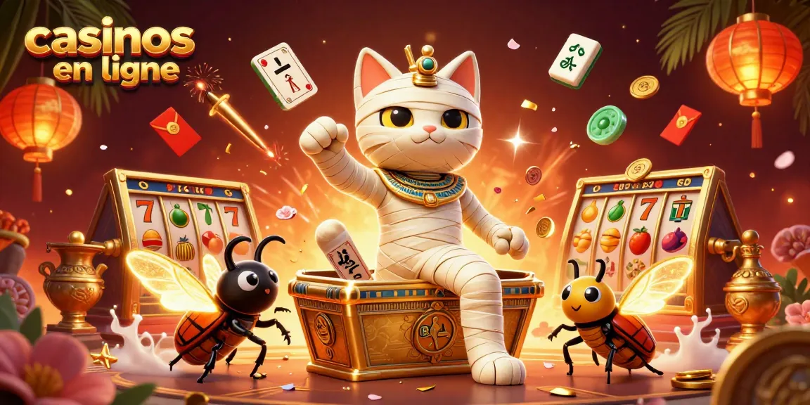 Jouez aux casinos en ligne avec une illustration captivante comprenant un chat momie et des éléments de jeux.