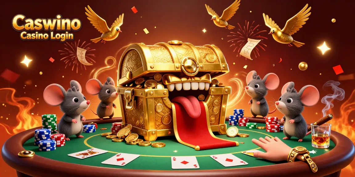 Experience the excitement of Caswino Casino Login with a vibrant poker scene attracting adventurer mice amidst celebratory elements.