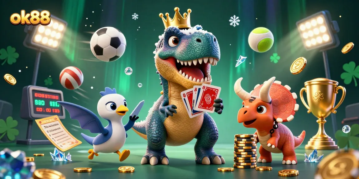 ok88 showcases a friendly T-Rex and dinosaur helpers engaged in exciting sports betting activities.