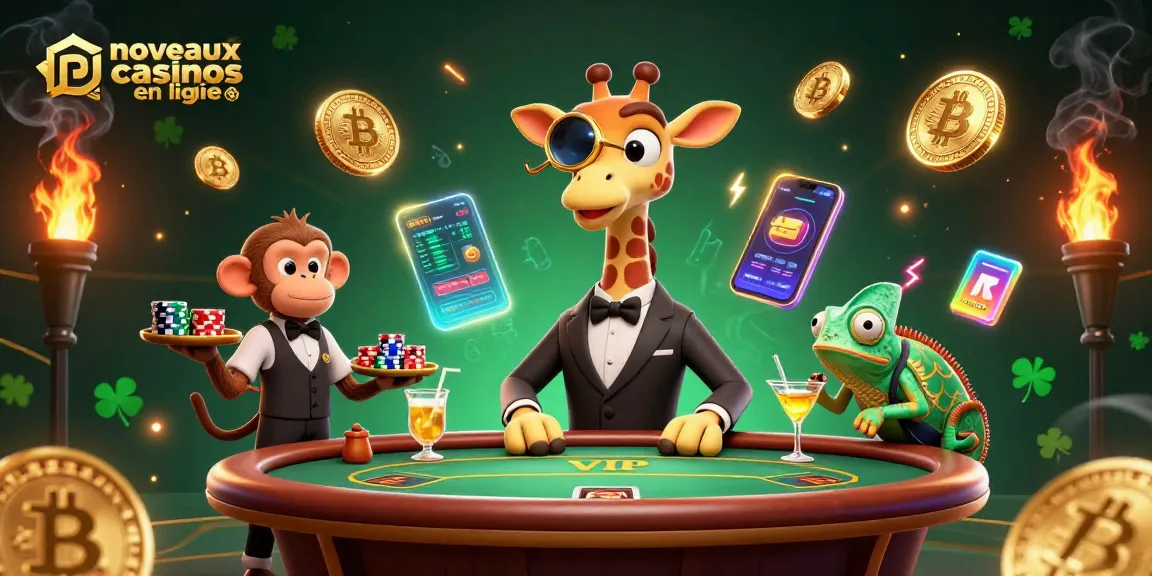 Découvrez les nouveaux casinos en ligne avec une illustration dynamique d'une girafe high-roller, des jetons et des cryptomonnaies.
