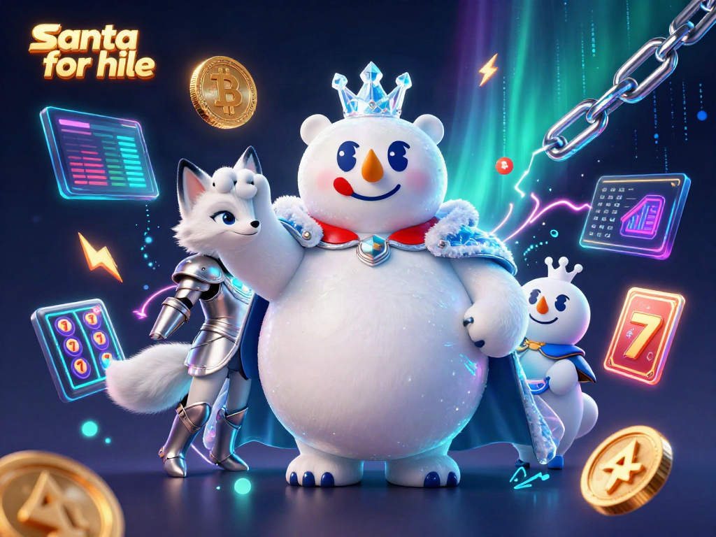 Engage with a festive scene of a 3D cartoon polar bear and snow fox showcasing the excitement of santa for hire while surrounded by exciting casino elements.